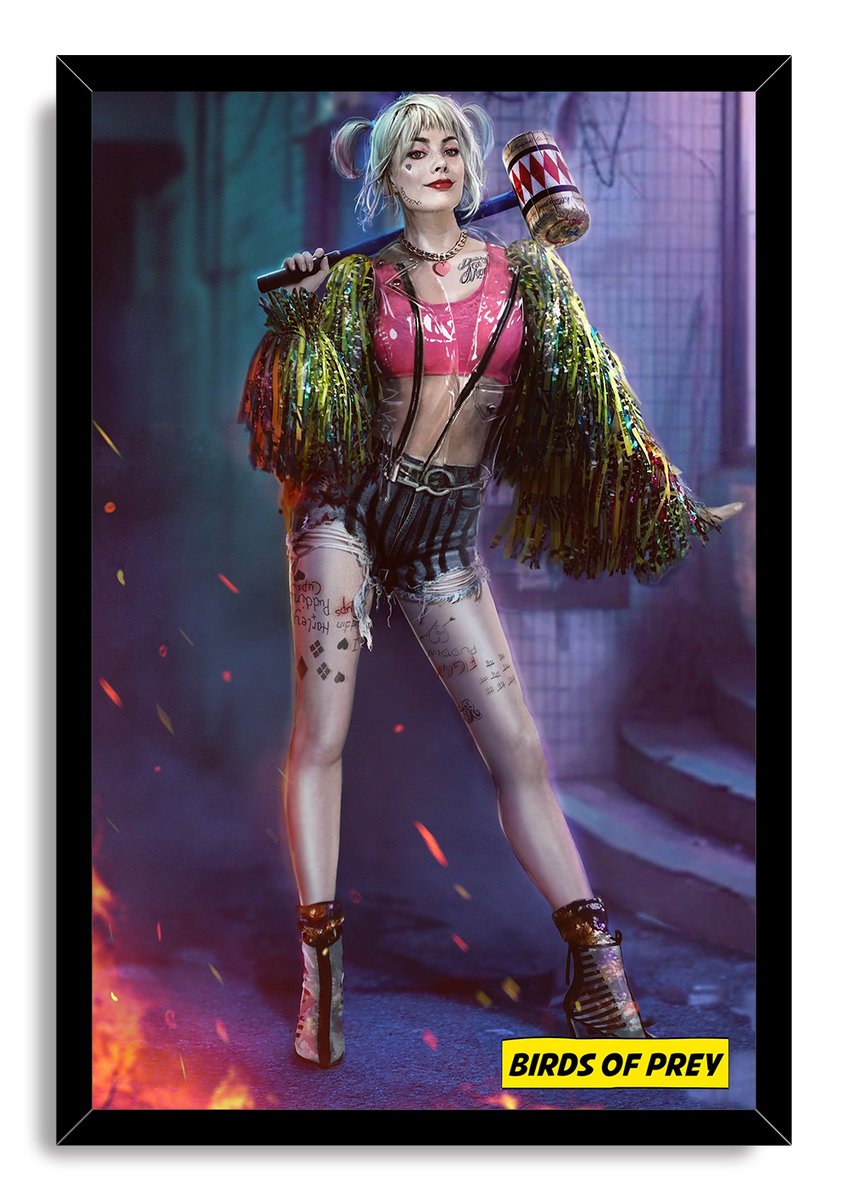 Harley Quinn framed wall art print portrays her posed with a mallet in a smoky blue alley, with flames and Birds of Prey lettering.