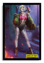 Harley Quinn framed wall art print portrays her posed with a mallet in a smoky blue alley, with flames and Birds of Prey lettering.
