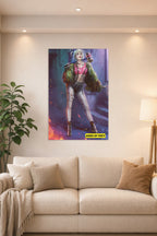 Harley Quinn from Birds of Prey in a bright living room above a beige sofa.