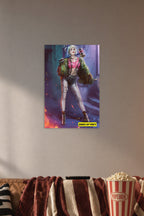 Harley Quinn from Birds of Prey in a cozy movie room above a brown sofa with popcorn.