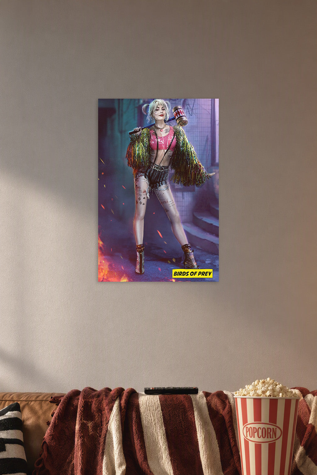 Harley Quinn from Birds of Prey in a cozy movie room above a brown sofa with popcorn.