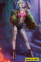 Harley Quinn poster features her holding a red-and-white mallet in a neon alley, wearing a pink top and tasseled jacket.