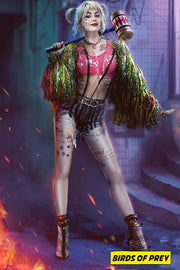 Harley Quinn poster features her holding a red-and-white mallet in a neon alley, wearing a pink top and tasseled jacket.