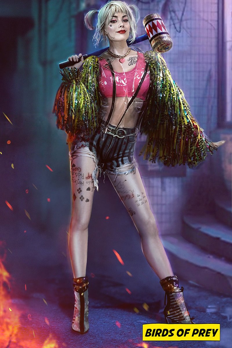 Harley Quinn poster features her holding a red-and-white mallet in a neon alley, wearing a pink top and tasseled jacket.