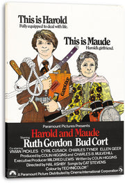 Harold and Maude movie poster canvas print displays Harold holding rope, a knife and a gasoline can beside Maude and a motorcycle headlight.