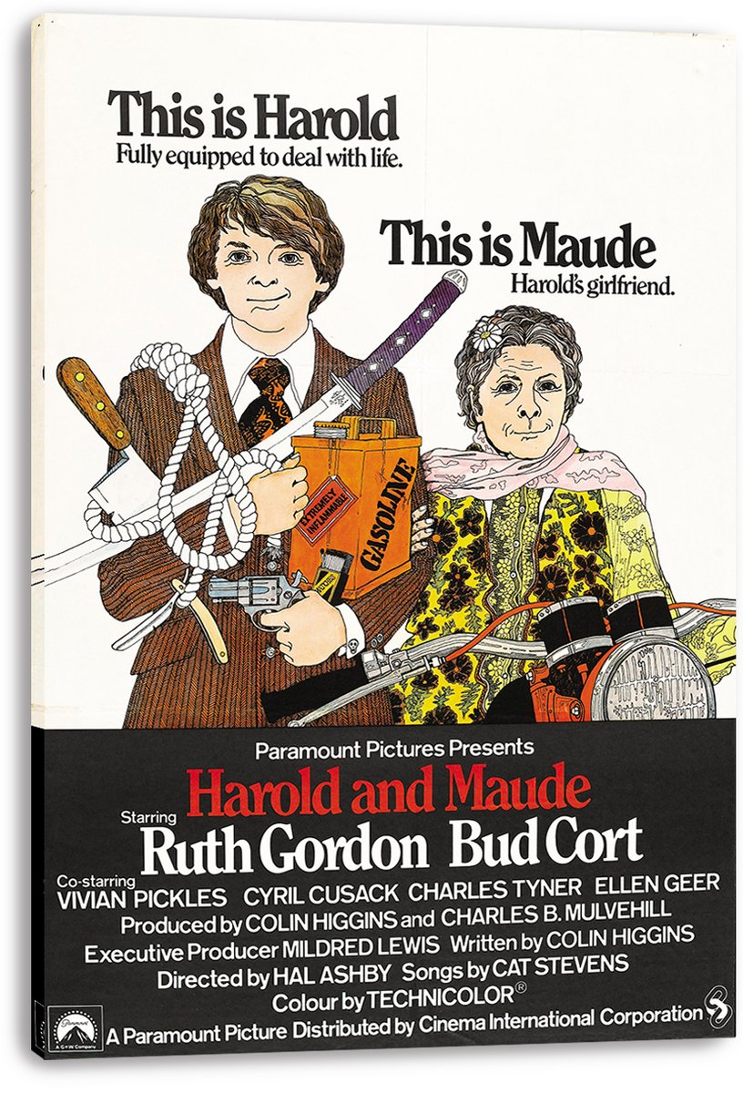 Harold and Maude movie poster canvas print displays Harold holding rope, a knife and a gasoline can beside Maude and a motorcycle headlight.