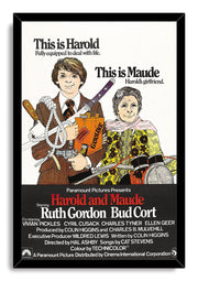 Harold and Maude framed wall art print presents the illustrated pair, Harold’s assorted implements, Maude’s floral clothing, and film credits on black.