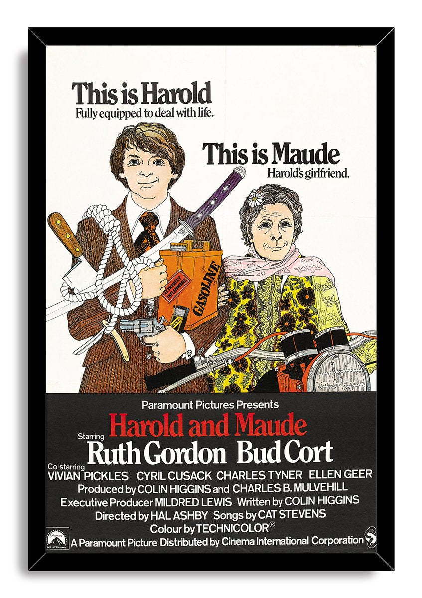 Harold and Maude framed wall art print presents the illustrated pair, Harold’s assorted implements, Maude’s floral clothing, and film credits on black.