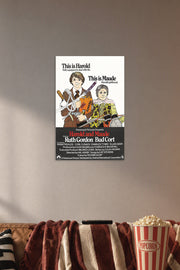 Harold and Maude Movie Poster in a cozy movie room above a brown sofa with popcorn.