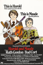 Harold and Maude movie poster wall art features illustrated Harold with rope and tools beside Maude on a motorcycle, with bold red title text.