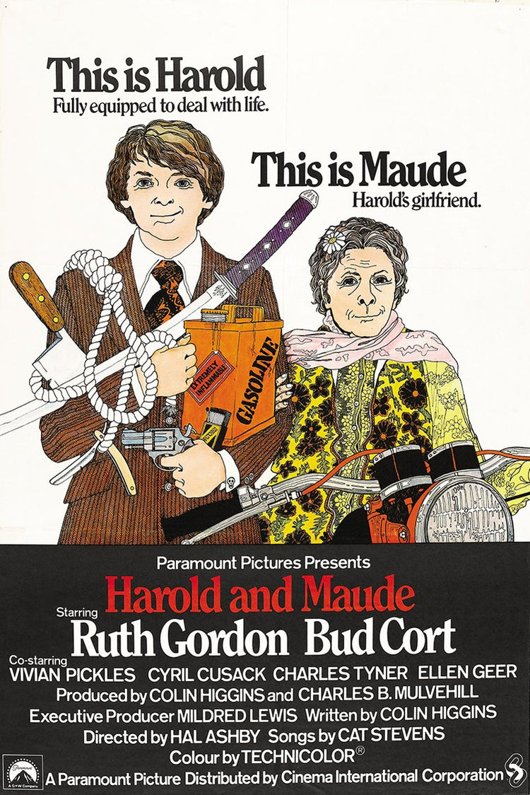 Harold and Maude movie poster wall art features illustrated Harold with rope and tools beside Maude on a motorcycle, with bold red title text.