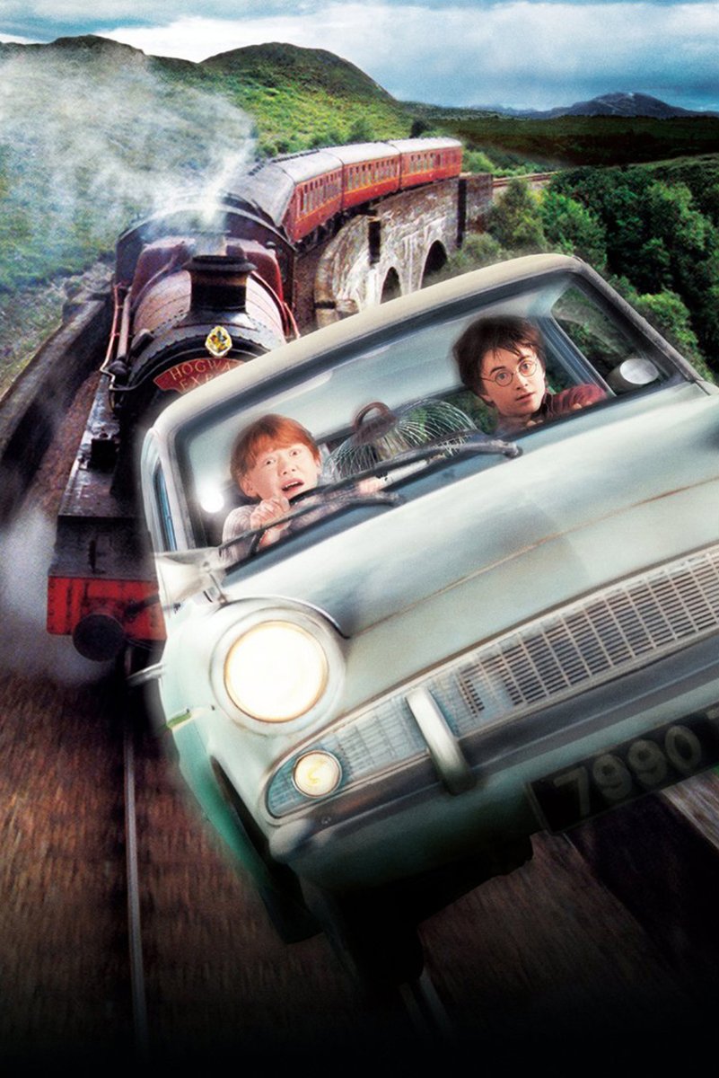 Harry Potter poster featuring Ron driving and Harry riding in the airborne blue Ford Anglia as a steam train crosses green hills.