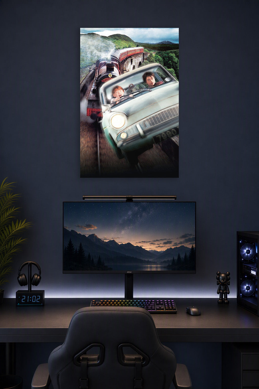 Harry Potter and Ron Weasley Flying Car in a gaming desk setup above a monitor.