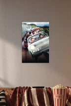 Harry Potter and Ron Weasley Flying Car in a cozy movie room above a brown sofa with popcorn.