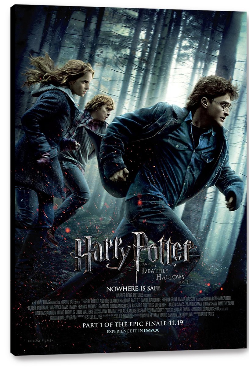 Harry Potter and the Deathly Hallows Part 1 canvas wall art print features the trio fleeing among shadowy trees and red sparks.