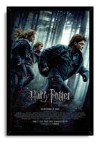 Harry Potter and the Deathly Hallows Part 1 framed wall art print shows Harry, Hermione, and Ron sprinting through a dark forest.