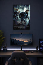 Harry Potter and the Deathly Hallows Part 1 in a gaming desk setup above a monitor.