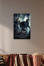 Harry Potter and the Deathly Hallows Part 1 in a cozy movie room above a brown sofa with popcorn.
