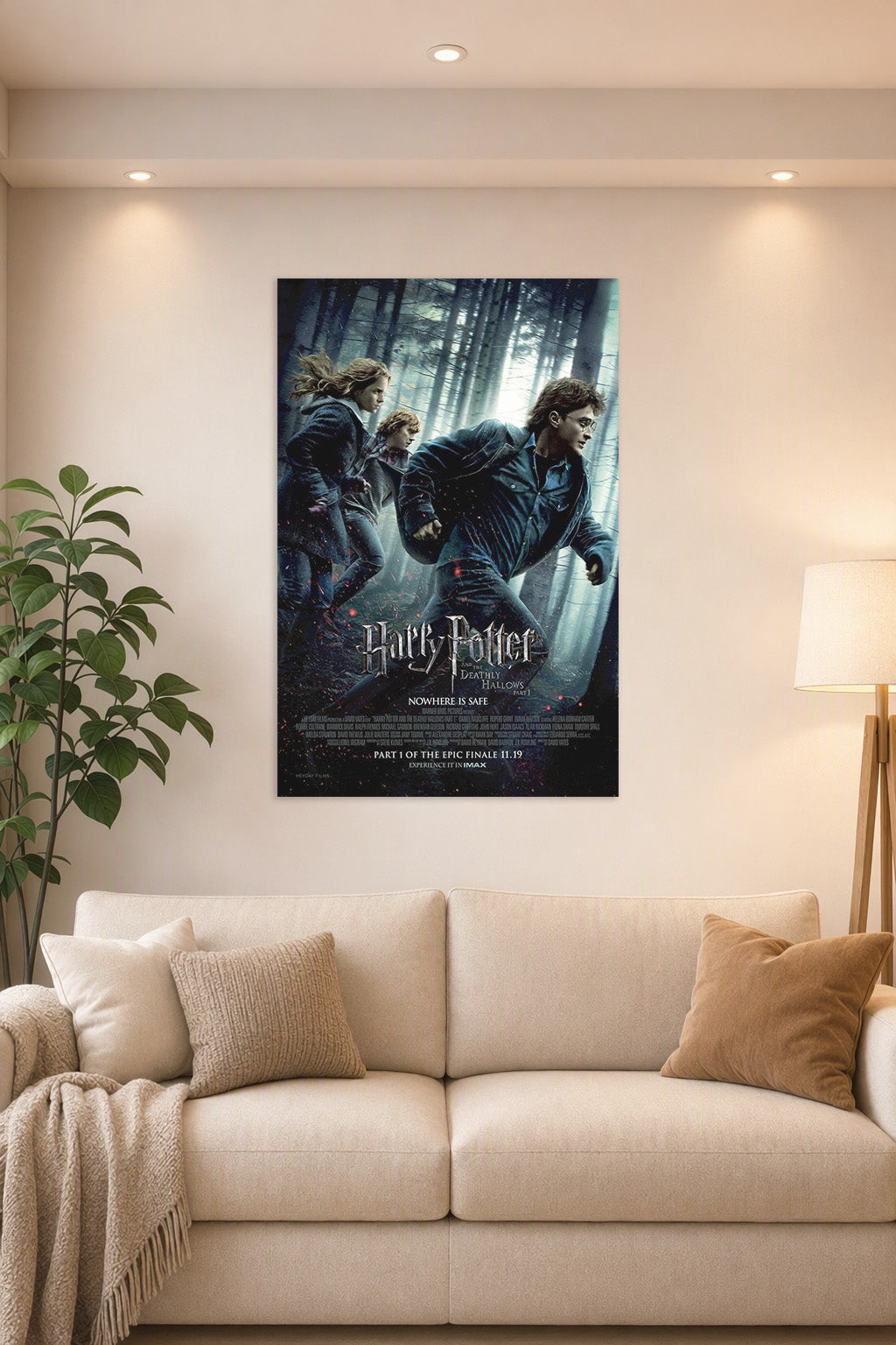Harry Potter and the Deathly Hallows Part 1 in a bright living room above a beige sofa.