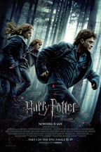 Harry Potter and the Deathly Hallows Part 1 poster depicts Harry, Hermione, and Ron running through a misty blue forest.