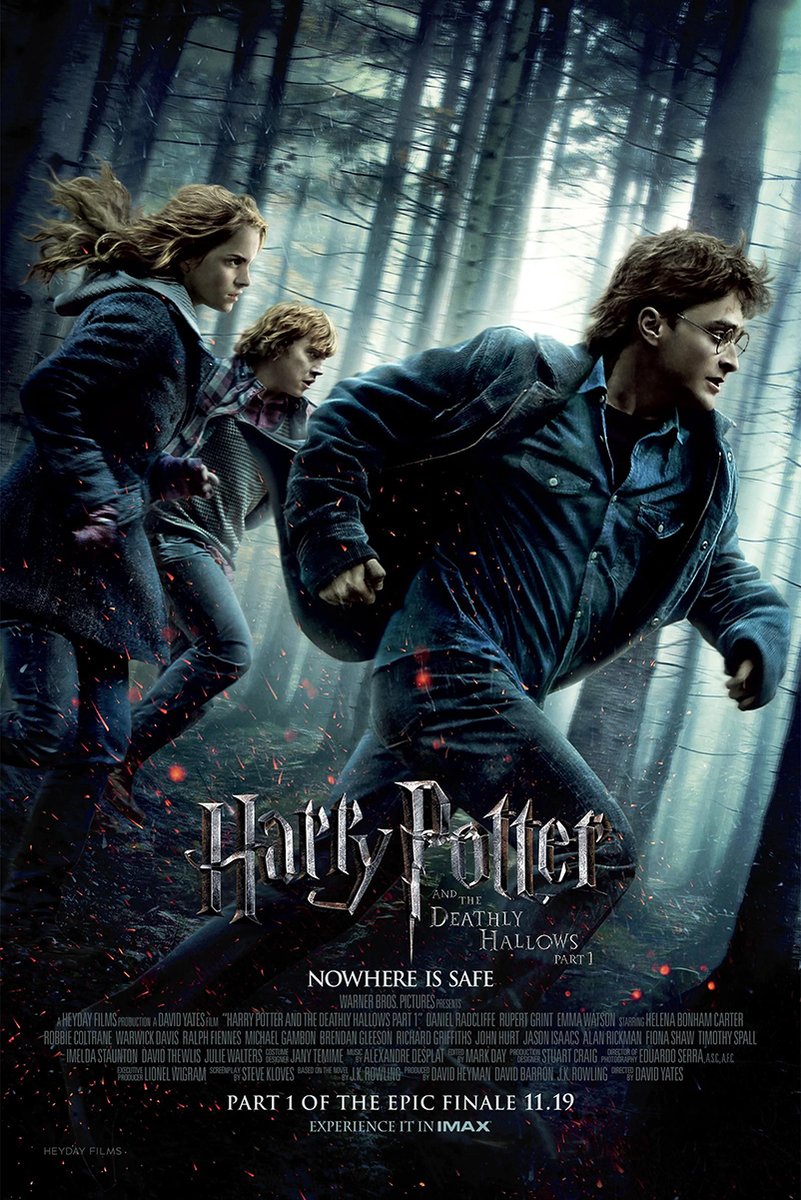 Harry Potter and the Deathly Hallows Part 1 poster depicts Harry, Hermione, and Ron running through a misty blue forest.