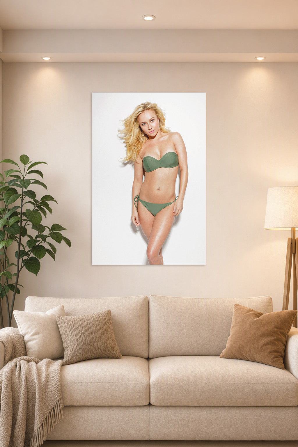 Hayden Panettiere in a bright living room above a beige sofa.