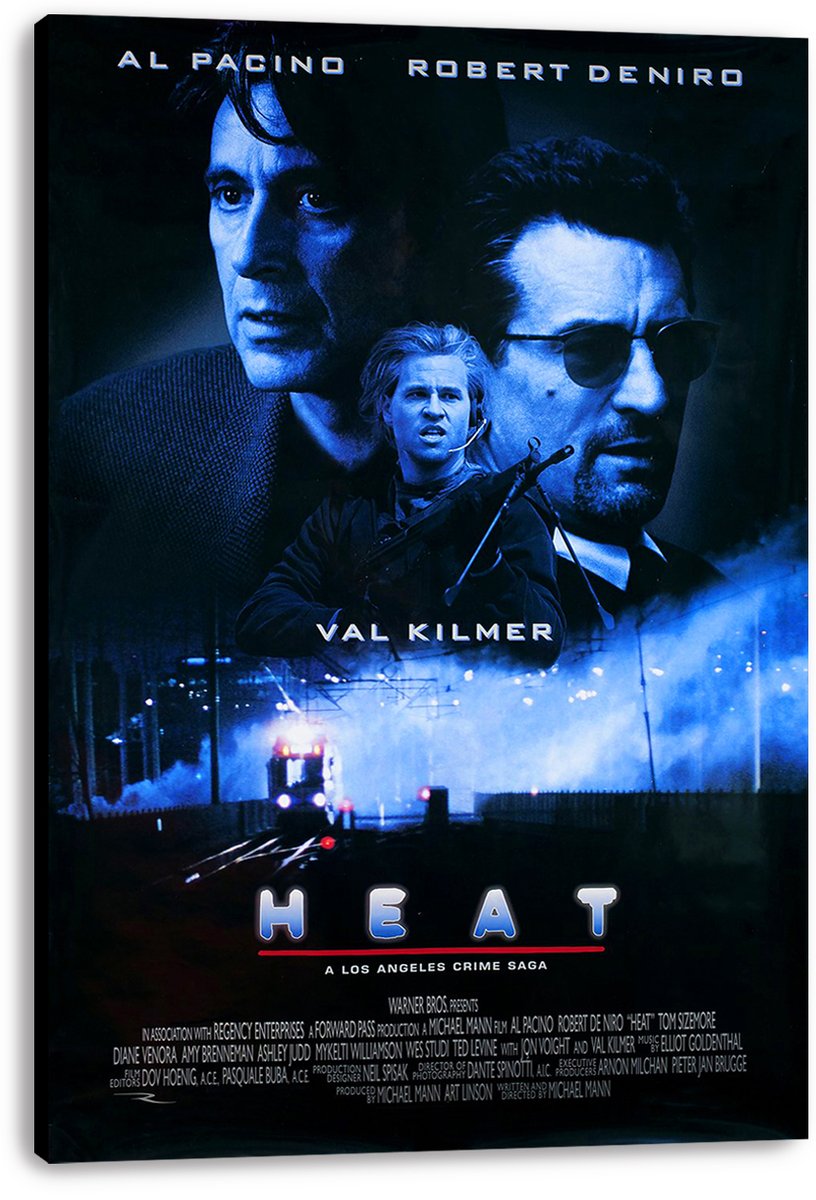 Heat canvas wall art print with blue portraits of Al Pacino, Robert De Niro in sunglasses, Val Kilmer with a rifle, and a train at night.