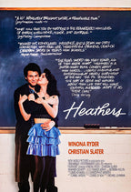 Heathers movie poster features Winona Ryder kissing Christian Slater before a chalkboard of white review quotes.