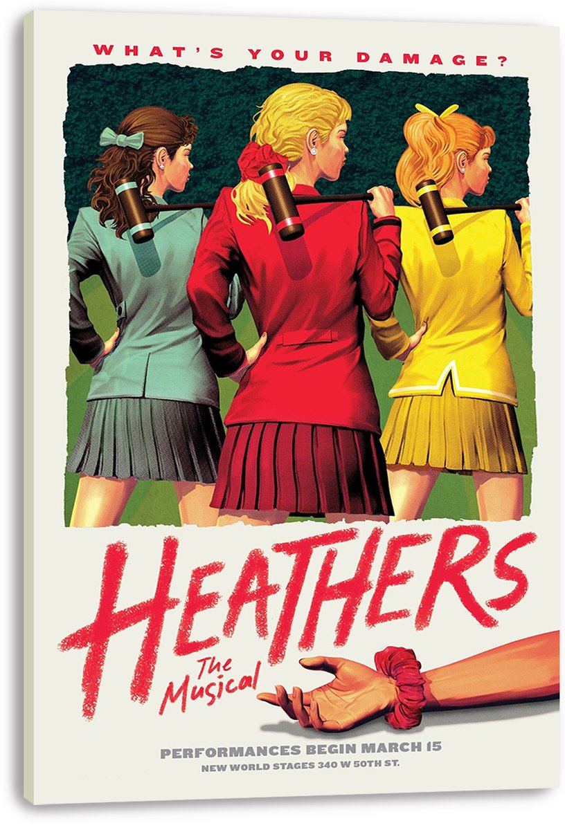 Heathers The Musical canvas wall art print featuring three women from behind with croquet mallets and red title text.