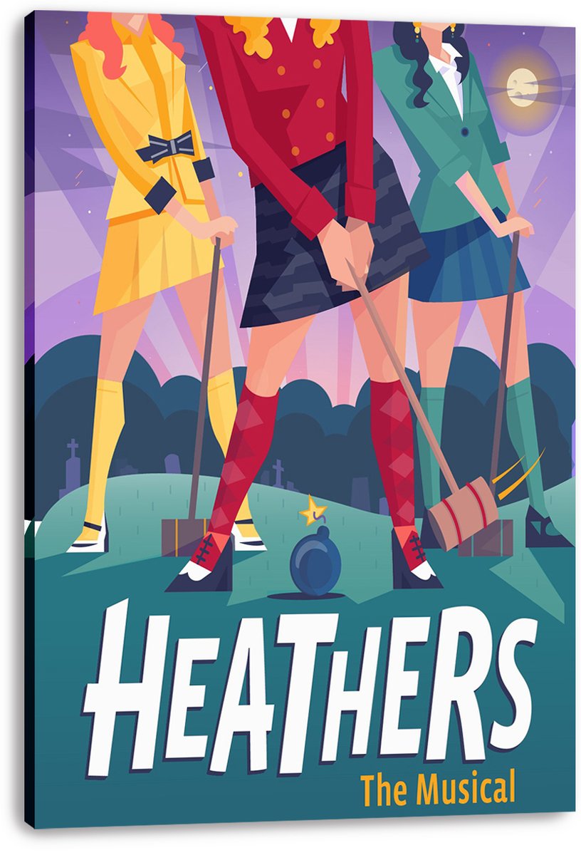 Heathers The Musical canvas wall art print displays three color-coded women with mallets, a bomb, and graveyard beneath a moon.