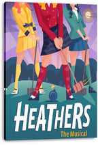 Heathers The Musical canvas wall art print displays three color-coded women with mallets, a bomb, and graveyard beneath a moon.