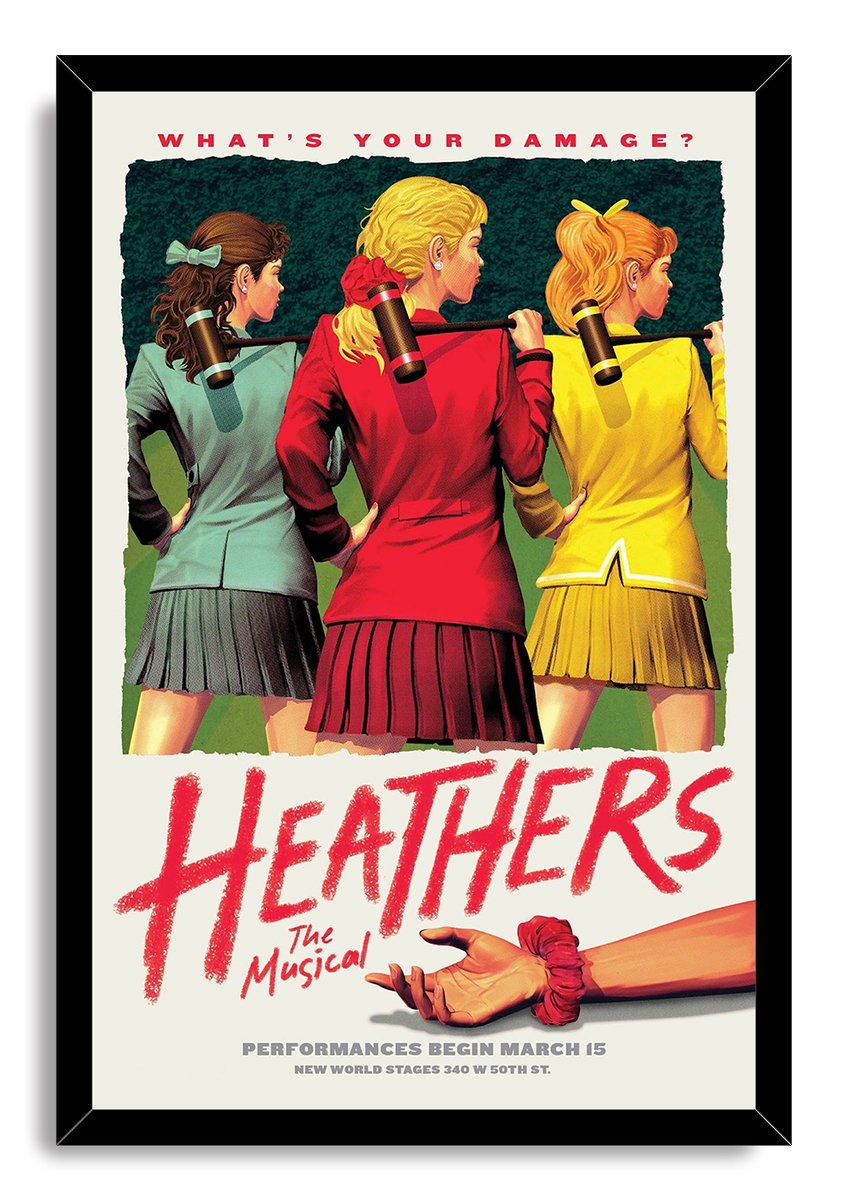 Heathers The Musical framed wall art print with three uniformed women, croquet mallets, and an outstretched arm.