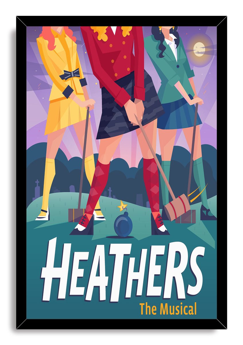 Heathers The Musical framed wall art print depicts three women in yellow, red, and teal playing croquet among graves at night.