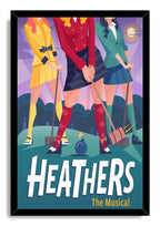 Heathers The Musical framed wall art print depicts three women in yellow, red, and teal playing croquet among graves at night.