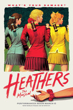 Heathers The Musical paper poster with three women in teal, red, and yellow uniforms holding croquet mallets.