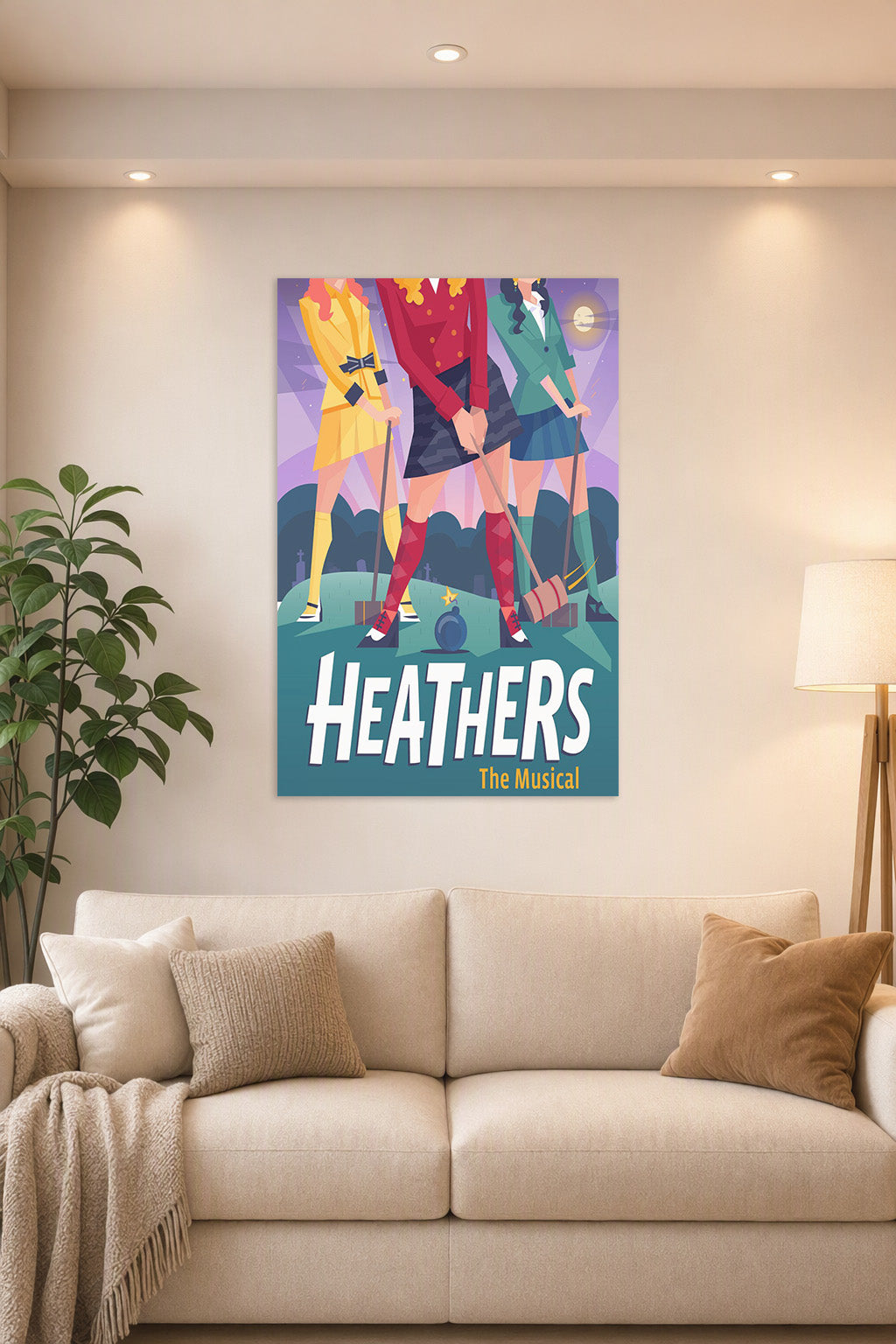 Heathers The Musical in a bright living room above a beige sofa.