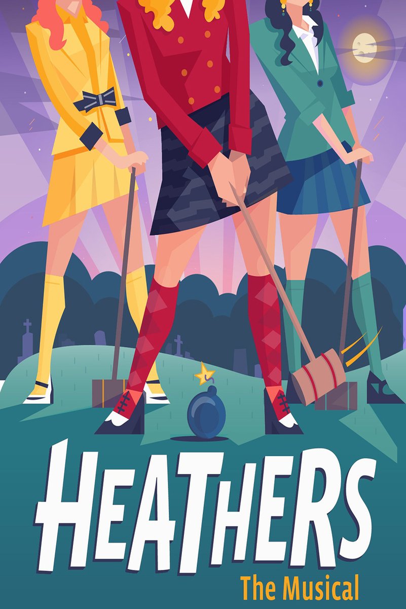 Heathers The Musical poster features three women in yellow, red, and teal holding croquet mallets in a moonlit graveyard.