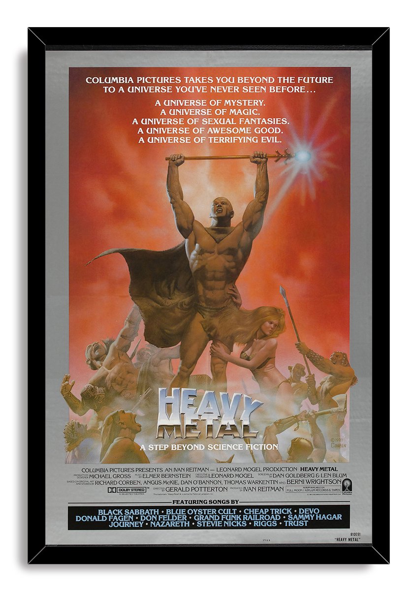 Heavy Metal movie poster wall art print in a black frame, featuring a sword-wielding warrior and fantasy battle scene in red tones.