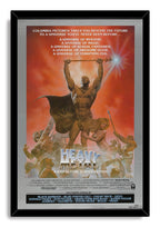 Heavy Metal movie poster wall art print in a black frame, featuring a sword-wielding warrior and fantasy battle scene in red tones.