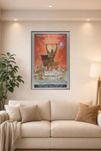 Heavy Metal Movie Poster in a bright living room above a beige sofa.