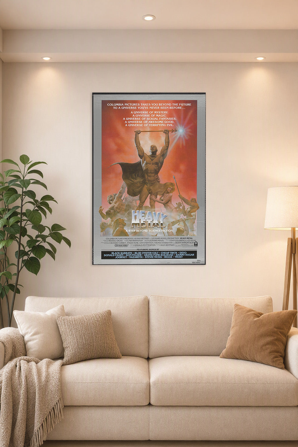 Heavy Metal Movie Poster in a bright living room above a beige sofa.