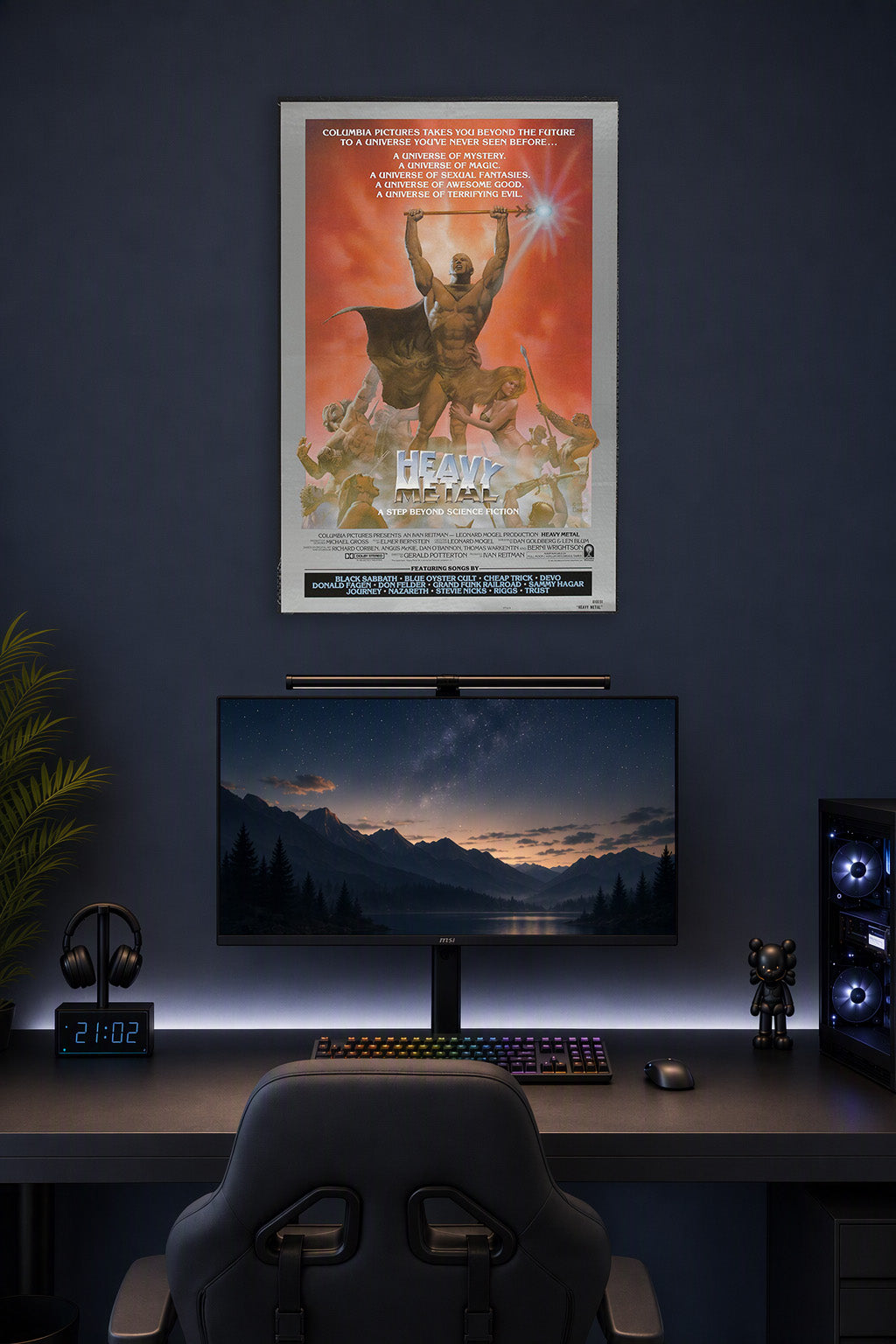 Heavy Metal Movie Poster in a gaming desk setup above a monitor.