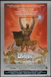 Heavy Metal movie poster wall art print with a muscular warrior raising a glowing sword over fantasy fighters on a red sky.