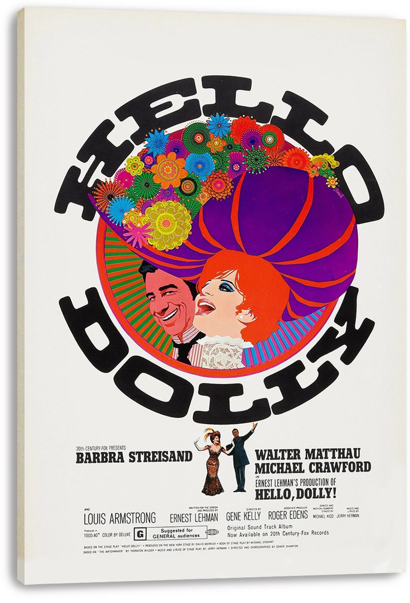 Hello, Dolly! canvas wall art print featuring a red-haired woman, smiling man, purple hat, colorful flowers, and cast credits.