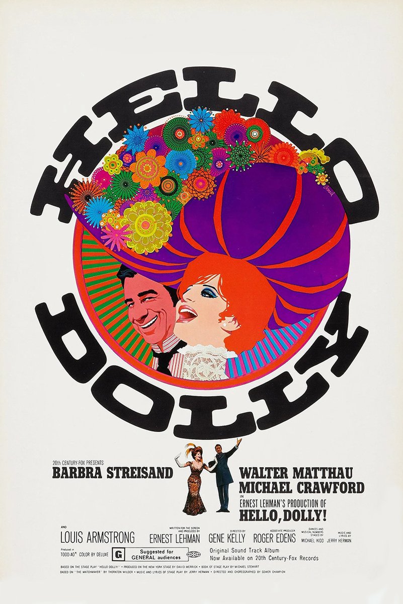 Hello, Dolly! movie poster wall art print with Barbra Streisand and Walter Matthau beneath flowers and bold black lettering.