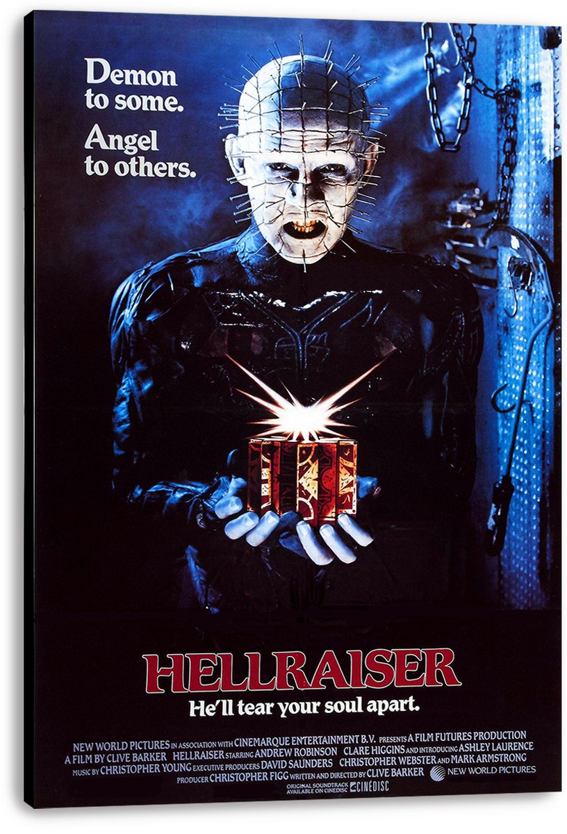 Hellraiser canvas wall art print featuring Pinhead holding a glowing red puzzle box beneath hanging chains.