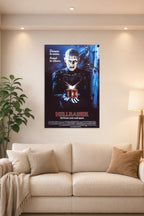 Hellraiser Pinhead in a bright living room above a beige sofa.
