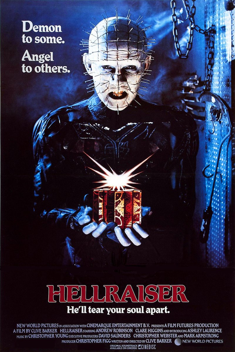 Hellraiser poster featuring Pinhead in black leather holding a glowing puzzle box, with chains and blue shadows.