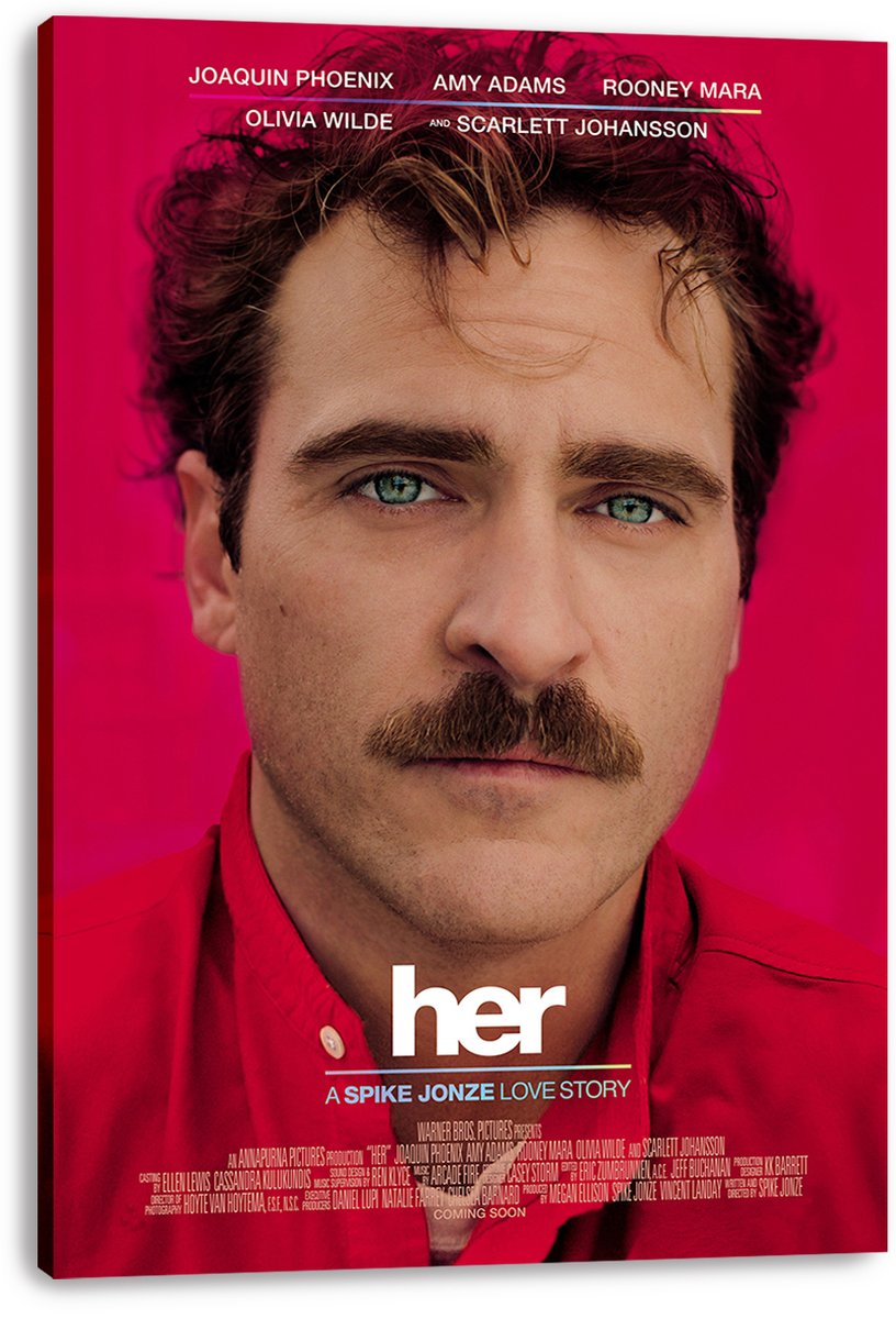 Her movie canvas wall art print with Joaquin Phoenix's close-up portrait, red shirt, magenta backdrop, and title typography.