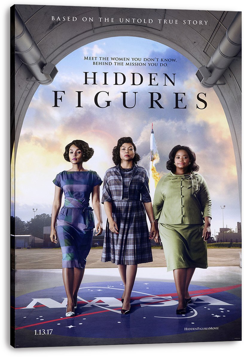 Hidden Figures movie poster canvas print featuring three women in 1960s dresses, a rocket launch, and NASA runway graphics.